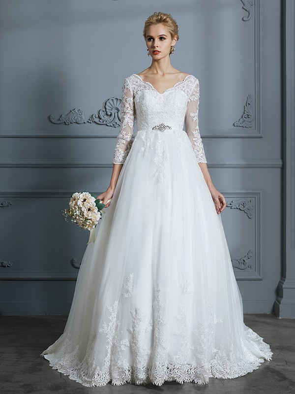 Ball Gown V-neck 3/4 Sleeves Court Train Lace Tulle Wedding Dresses 1322