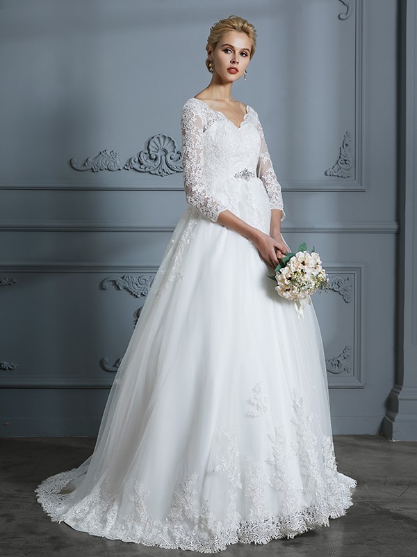 Ball Gown V-neck 3/4 Sleeves Court Train Lace Tulle Wedding Dresses 1322