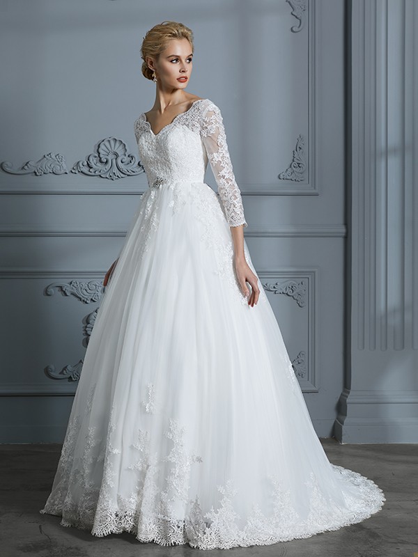 Ball Gown V-neck 3/4 Sleeves Court Train Lace Tulle Wedding Dresses 1322