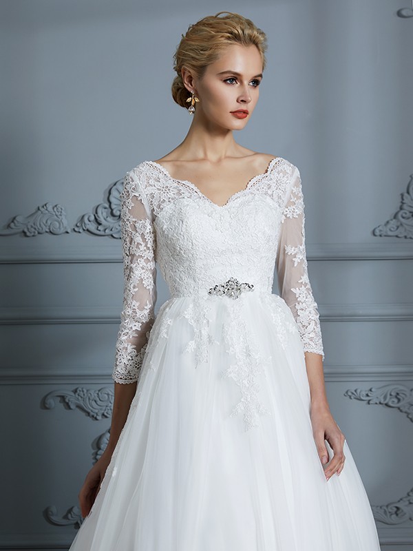 Ball Gown V-neck 3/4 Sleeves Court Train Lace Tulle Wedding Dresses 1322