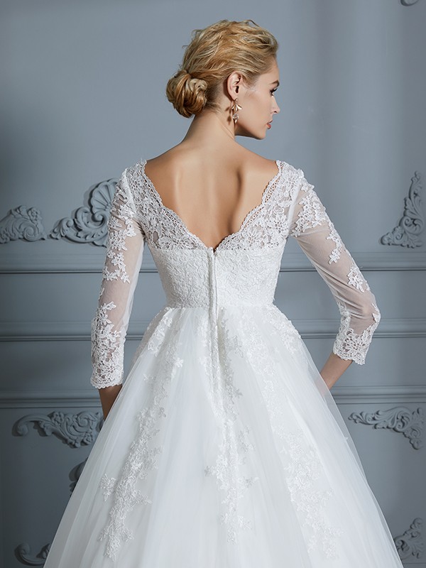 Ball Gown V-neck 3/4 Sleeves Court Train Lace Tulle Wedding Dresses 1322