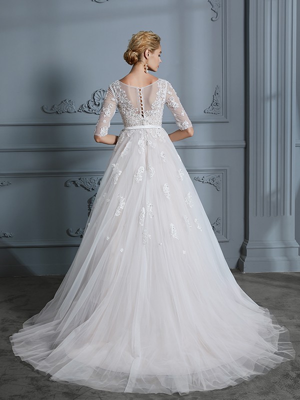 Ball Gown V-neck Court Train 1/2 Sleeves Lace Tulle Wedding Dresses 1324