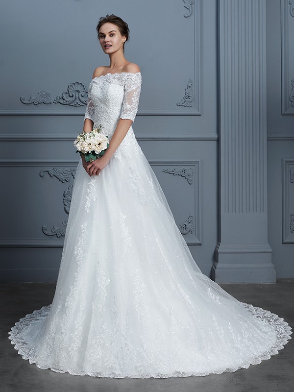 Ball Gown Off-the-Shoulder 1/2 Sleeves Beading Court Train Lace Wedding Dresses 1203