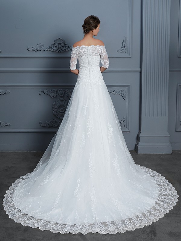 Ball Gown Off-the-Shoulder 1/2 Sleeves Beading Court Train Lace Wedding Dresses 1203