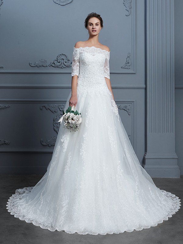 Ball Gown Off-the-Shoulder 1/2 Sleeves Beading Court Train Lace Wedding Dresses 1203