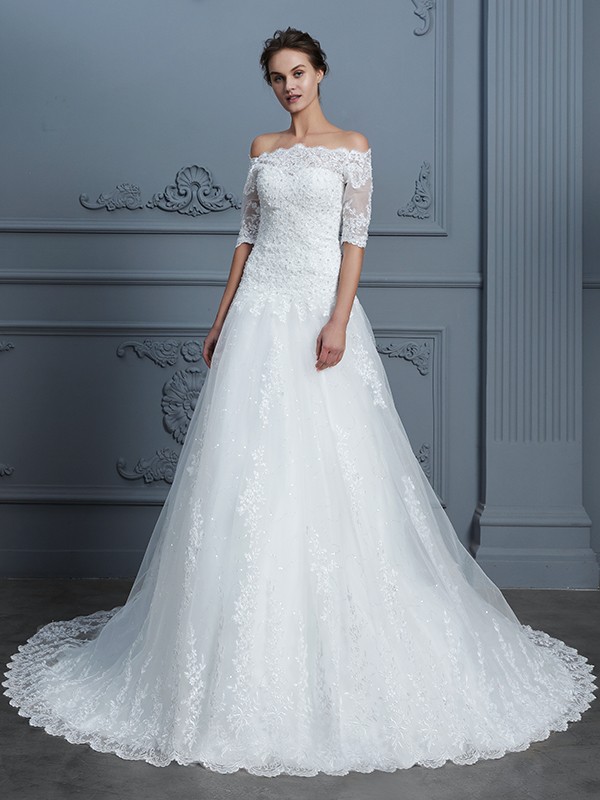 Ball Gown Off-the-Shoulder 1/2 Sleeves Beading Court Train Lace Wedding Dresses 1203