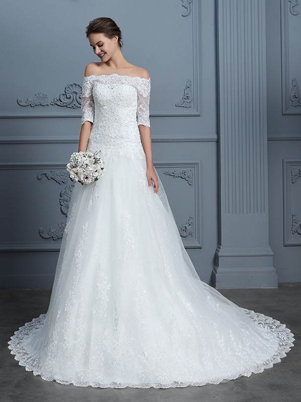 Ball Gown Off-the-Shoulder 1/2 Sleeves Beading Court Train Lace Wedding Dresses 1203