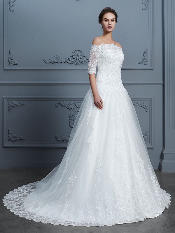 Ball Gown Off-the-Shoulder 1/2 Sleeves Beading Court Train Lace Wedding Dresses 1203