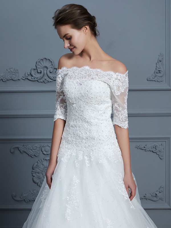 Ball Gown Off-the-Shoulder 1/2 Sleeves Beading Court Train Lace Wedding Dresses 1203