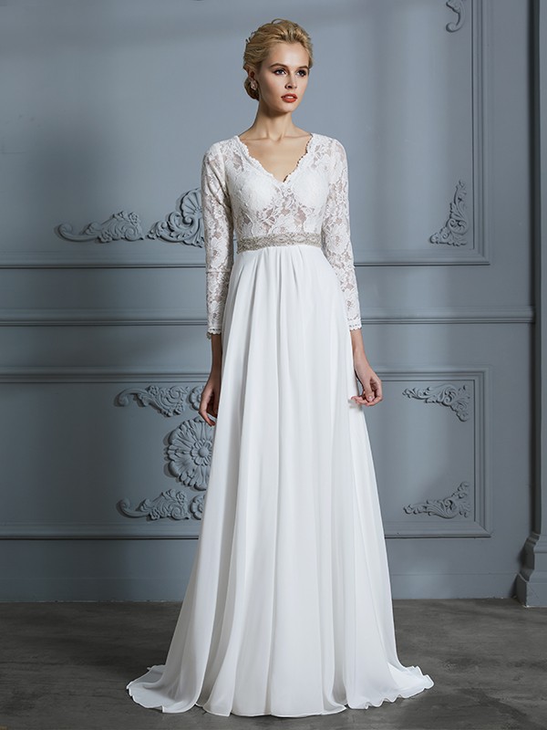 A-Line/Princess 3/4 Sleeves V-neck Lace Sweep/Brush Train Chiffon Wedding Dresses 609