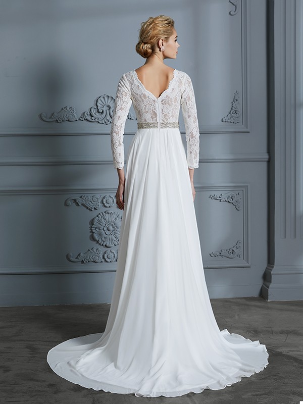 A-Line/Princess 3/4 Sleeves V-neck Lace Sweep/Brush Train Chiffon Wedding Dresses 609