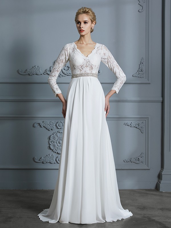 A-Line/Princess 3/4 Sleeves V-neck Lace Sweep/Brush Train Chiffon Wedding Dresses 609