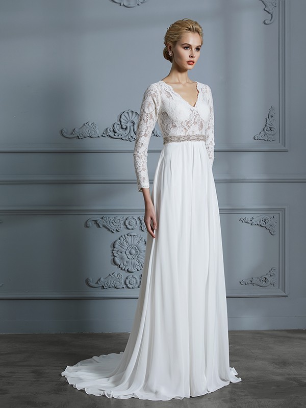 A-Line/Princess 3/4 Sleeves V-neck Lace Sweep/Brush Train Chiffon Wedding Dresses 609