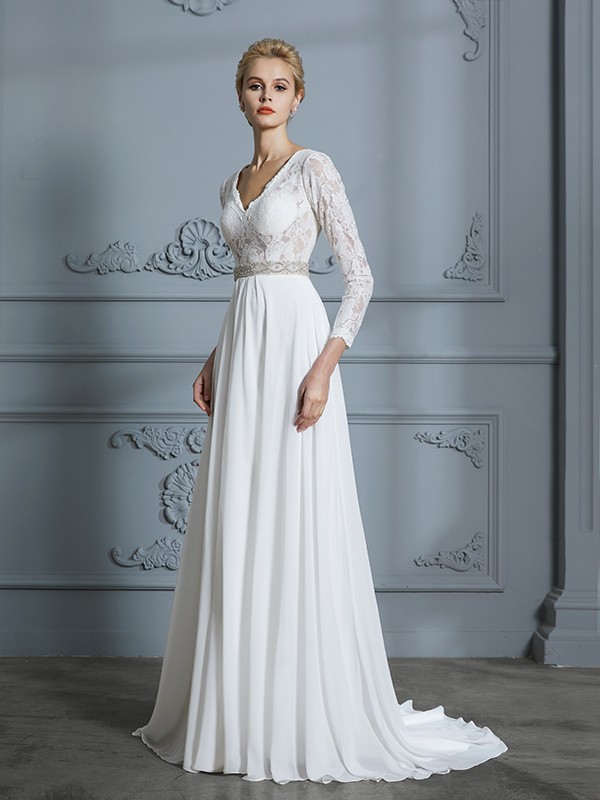 A-Line/Princess 3/4 Sleeves V-neck Lace Sweep/Brush Train Chiffon Wedding Dresses 609