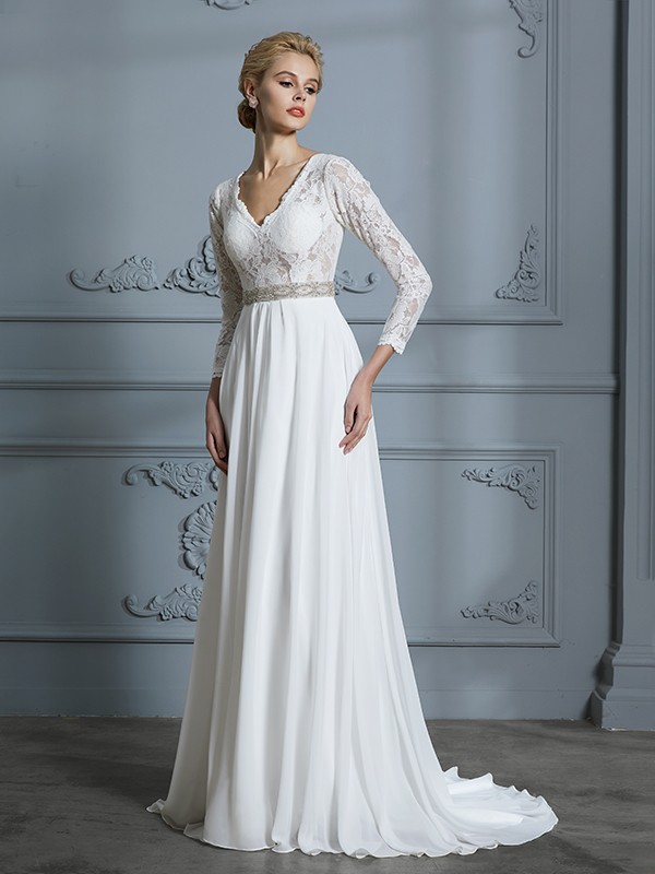 A-Line/Princess 3/4 Sleeves V-neck Lace Sweep/Brush Train Chiffon Wedding Dresses 609