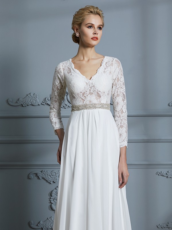 A-Line/Princess 3/4 Sleeves V-neck Lace Sweep/Brush Train Chiffon Wedding Dresses 609