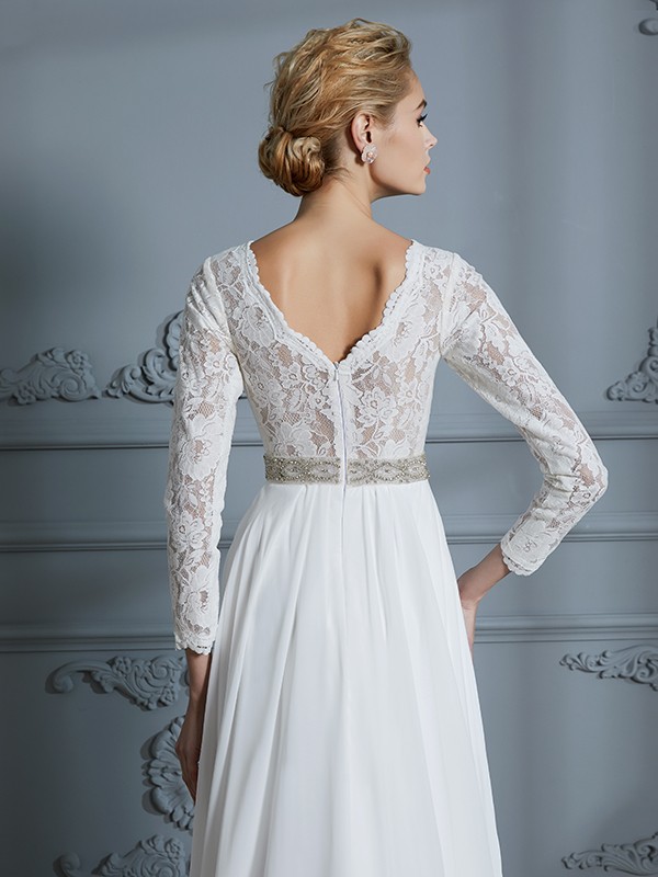 A-Line/Princess 3/4 Sleeves V-neck Lace Sweep/Brush Train Chiffon Wedding Dresses 609