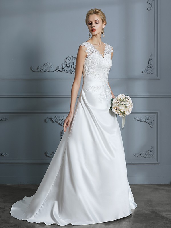 A-Line/Princess V-neck Sweep/Brush Train Sleeveless Applique Satin Wedding Dresses 1158