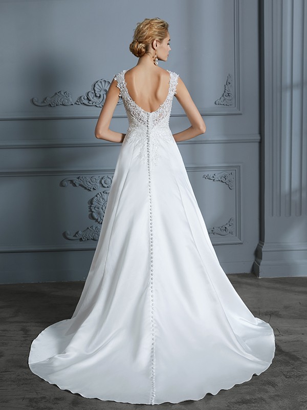 A-Line/Princess V-neck Sweep/Brush Train Sleeveless Applique Satin Wedding Dresses 1158