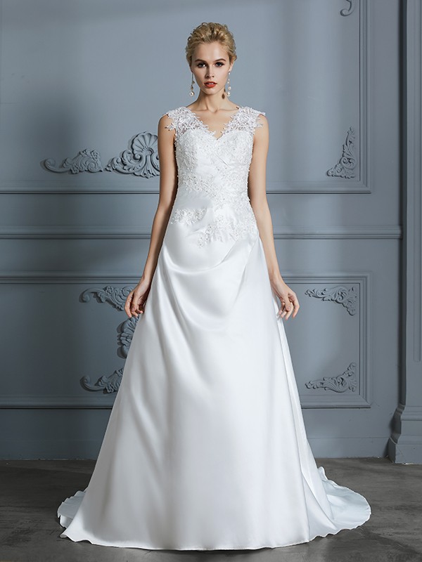 A-Line/Princess V-neck Sweep/Brush Train Sleeveless Applique Satin Wedding Dresses 1158