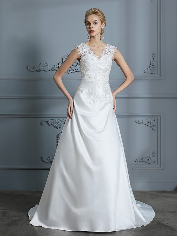 A-Line/Princess V-neck Sweep/Brush Train Sleeveless Applique Satin Wedding Dresses 1158