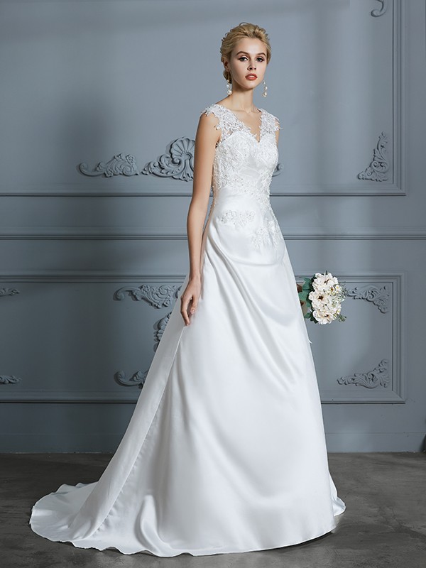 A-Line/Princess V-neck Sweep/Brush Train Sleeveless Applique Satin Wedding Dresses 1158