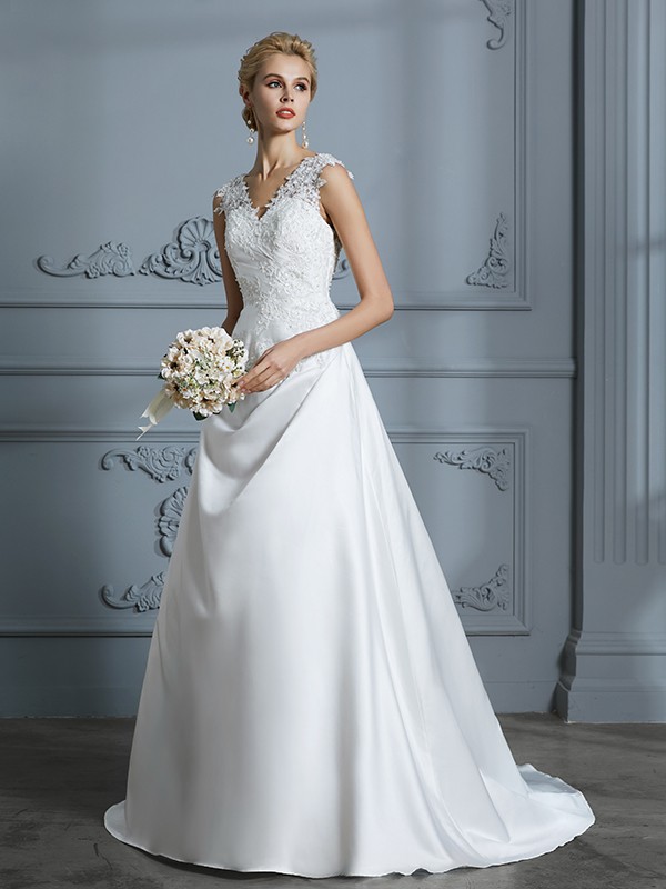 A-Line/Princess V-neck Sweep/Brush Train Sleeveless Applique Satin Wedding Dresses 1158