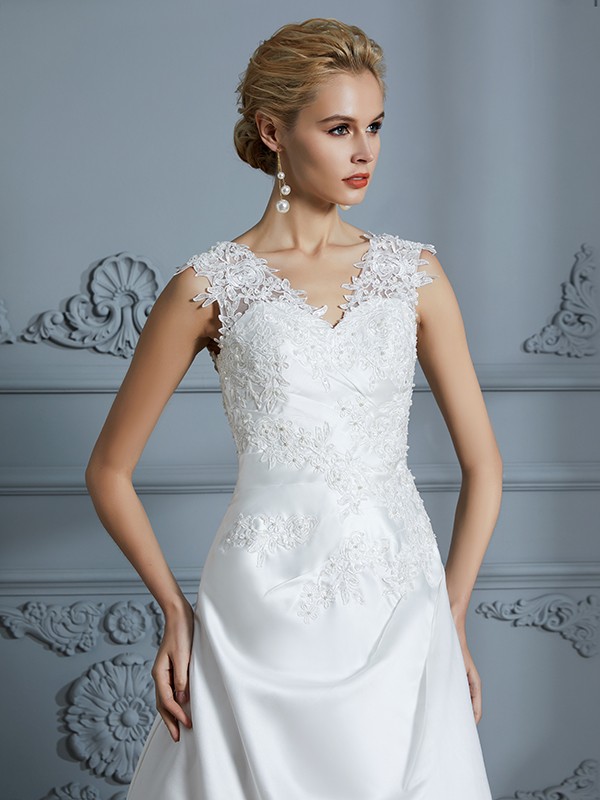 A-Line/Princess V-neck Sweep/Brush Train Sleeveless Applique Satin Wedding Dresses 1158