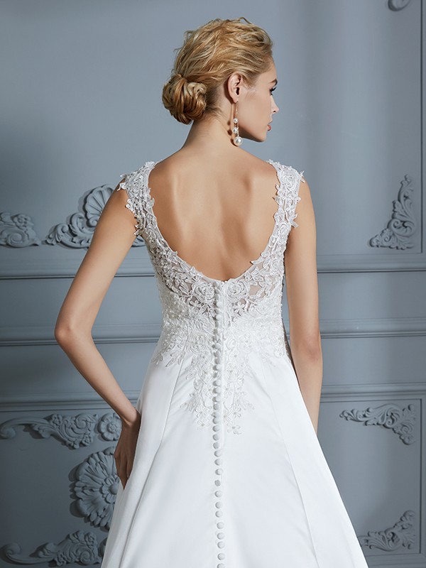 A-Line/Princess V-neck Sweep/Brush Train Sleeveless Applique Satin Wedding Dresses 1158