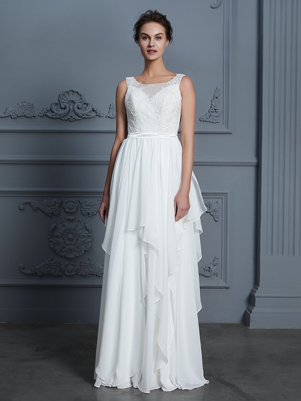 A-Line/Princess Scoop Sleeveless Ruffles Floor-Length Chiffon Wedding Dresses 880