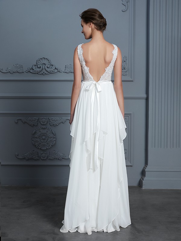 A-Line/Princess Scoop Sleeveless Ruffles Floor-Length Chiffon Wedding Dresses 880