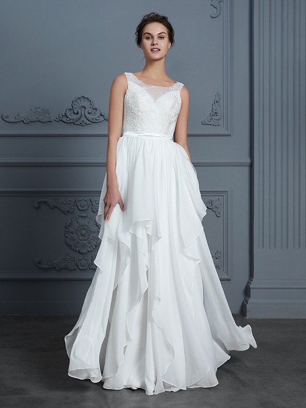 A-Line/Princess Scoop Sleeveless Ruffles Floor-Length Chiffon Wedding Dresses 880