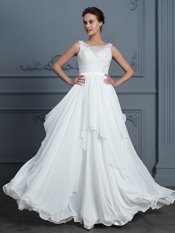 A-Line/Princess Scoop Sleeveless Ruffles Floor-Length Chiffon Wedding Dresses 880