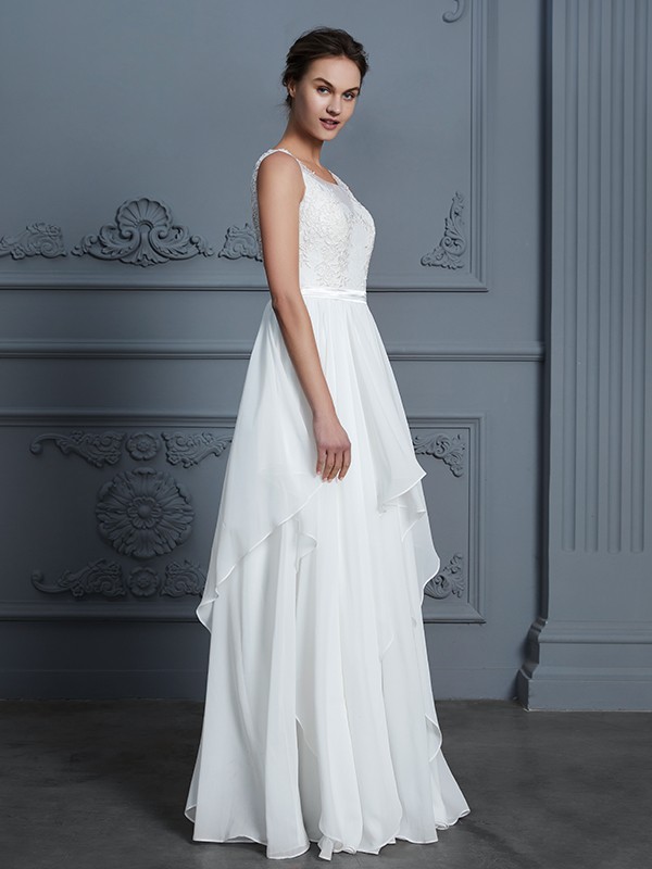 A-Line/Princess Scoop Sleeveless Ruffles Floor-Length Chiffon Wedding Dresses 880