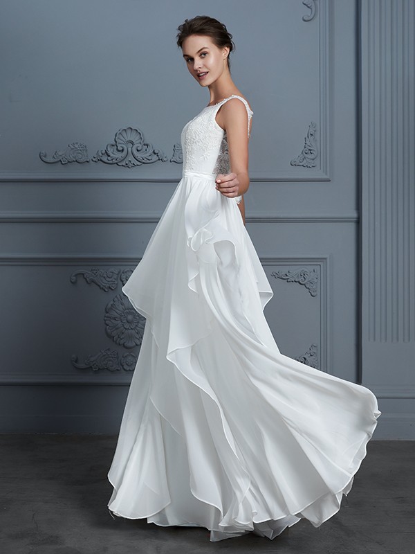 A-Line/Princess Scoop Sleeveless Ruffles Floor-Length Chiffon Wedding Dresses 880