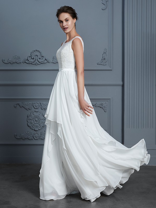 A-Line/Princess Scoop Sleeveless Ruffles Floor-Length Chiffon Wedding Dresses 880