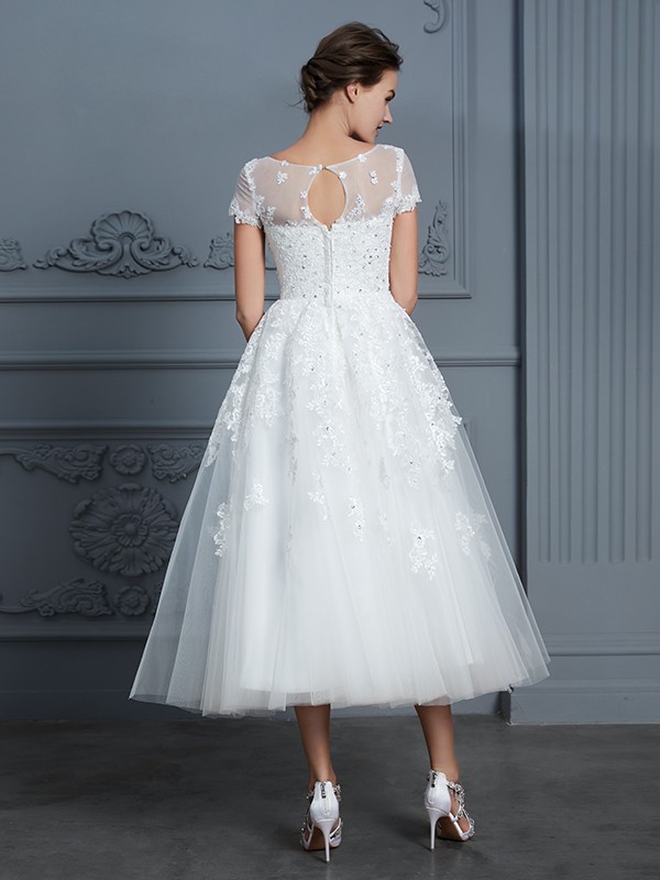 A-Line/Princess Scoop Short Sleeves Tea-Length Beading Tulle Wedding Dresses 876