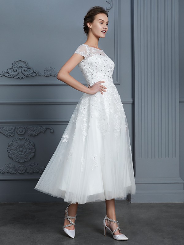 A-Line/Princess Scoop Short Sleeves Tea-Length Beading Tulle Wedding Dresses 876