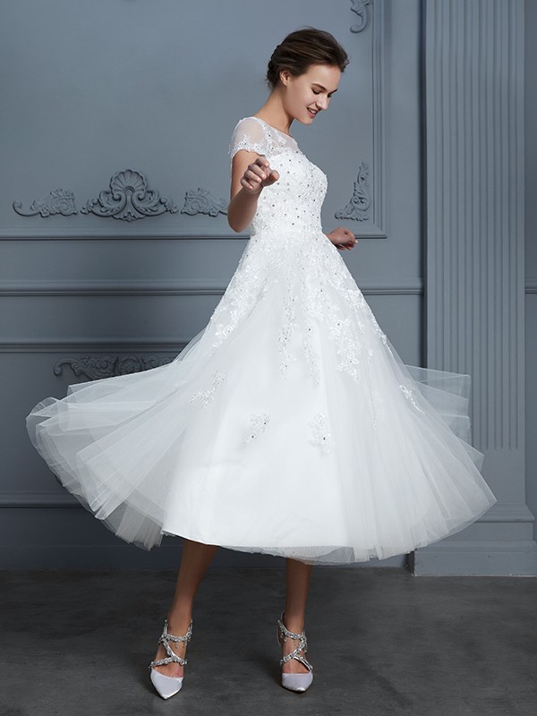 A-Line/Princess Scoop Short Sleeves Tea-Length Beading Tulle Wedding Dresses 876