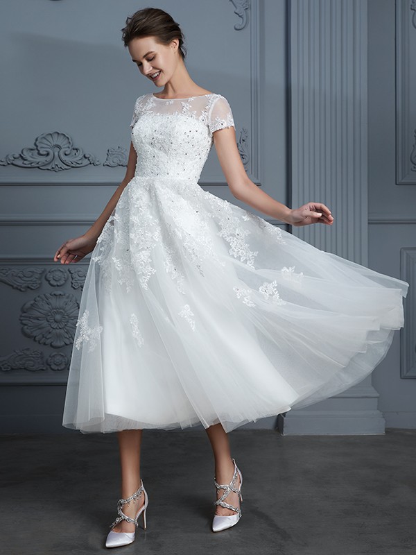 A-Line/Princess Scoop Short Sleeves Tea-Length Beading Tulle Wedding Dresses 876