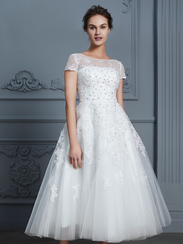 A-Line/Princess Scoop Short Sleeves Tea-Length Beading Tulle Wedding Dresses 876