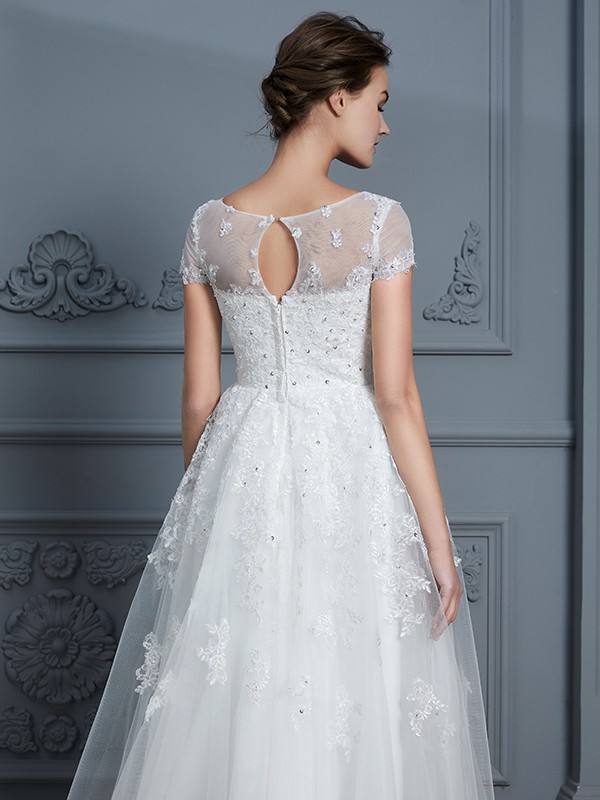 A-Line/Princess Scoop Short Sleeves Tea-Length Beading Tulle Wedding Dresses 876