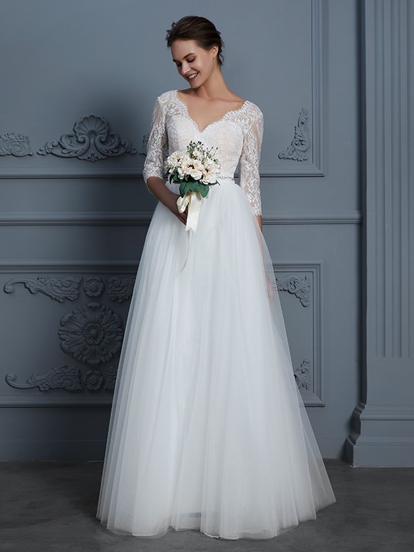 A-Line/Princess V-neck 3/4 Sleeves Floor-Length Lace Tulle Wedding Dresses 1120