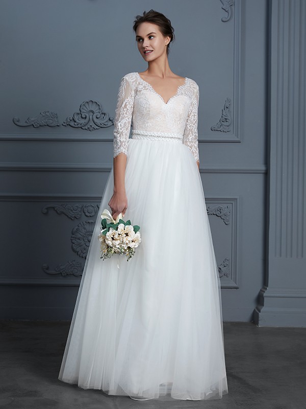 A-Line/Princess V-neck 3/4 Sleeves Floor-Length Lace Tulle Wedding Dresses 1120