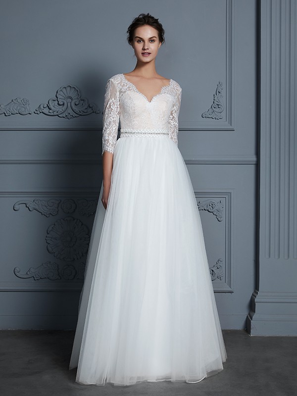 A-Line/Princess V-neck 3/4 Sleeves Floor-Length Lace Tulle Wedding Dresses 1120