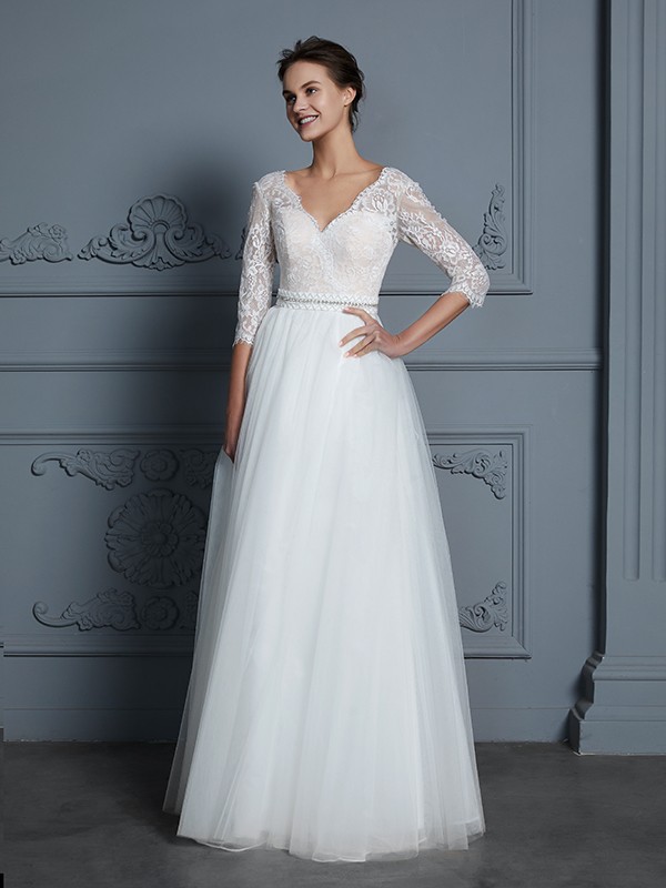 A-Line/Princess V-neck 3/4 Sleeves Floor-Length Lace Tulle Wedding Dresses 1120