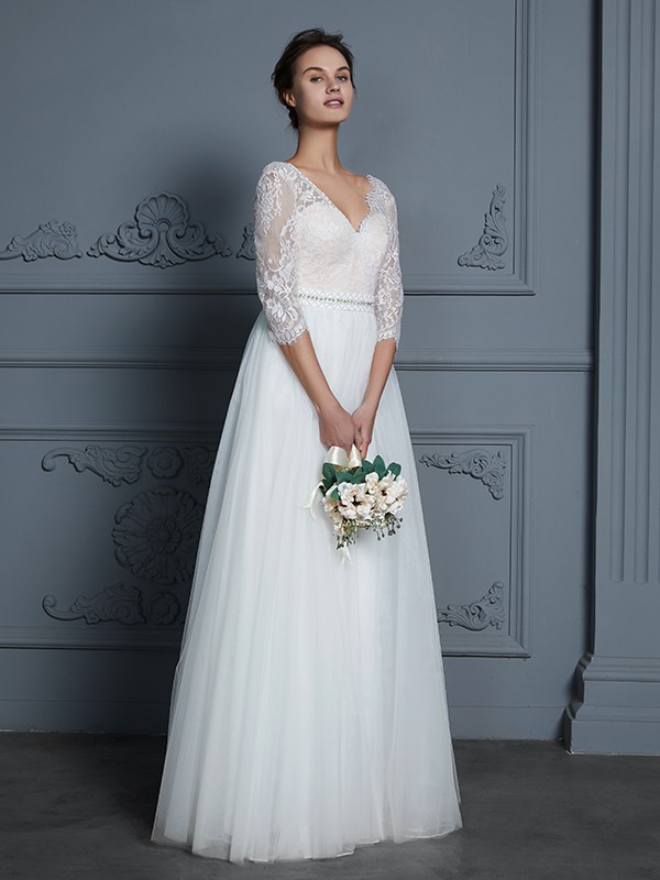 A-Line/Princess V-neck 3/4 Sleeves Floor-Length Lace Tulle Wedding Dresses 1120