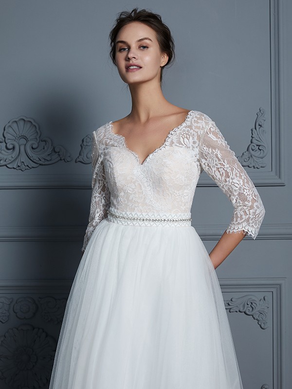 A-Line/Princess V-neck 3/4 Sleeves Floor-Length Lace Tulle Wedding Dresses 1120