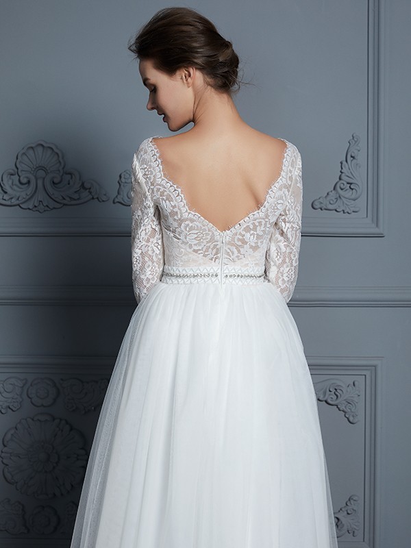 A-Line/Princess V-neck 3/4 Sleeves Floor-Length Lace Tulle Wedding Dresses 1120