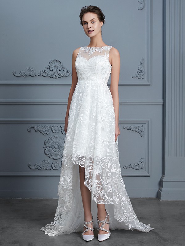 A-Line/Princess Scoop Sleeveless Asymmetrical Lace Wedding Dresses 878